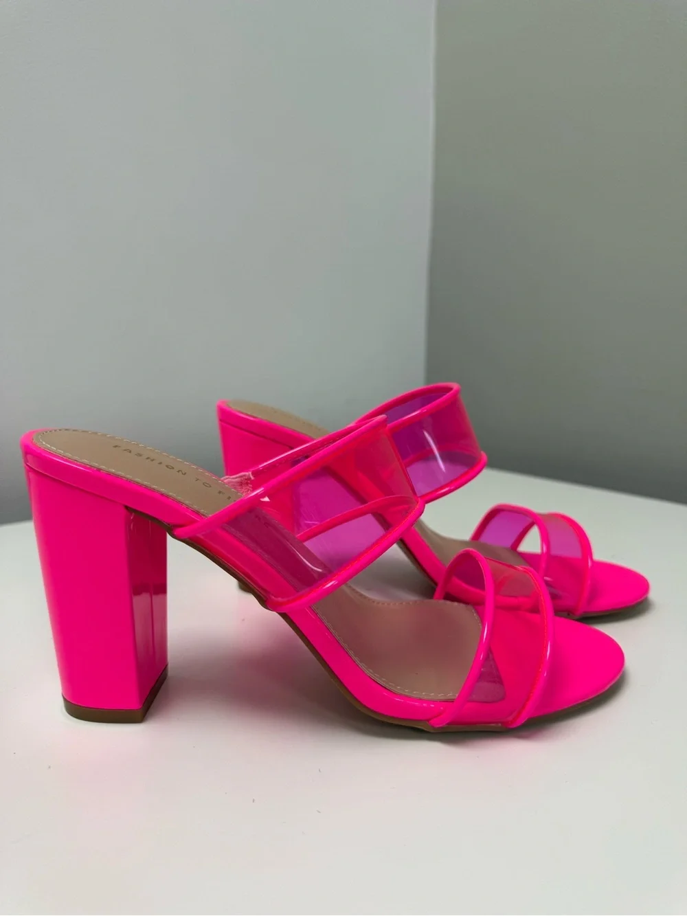 Fashion to Figure Neon Hot Pink Clear-Strap Slide Mules - Berlynne